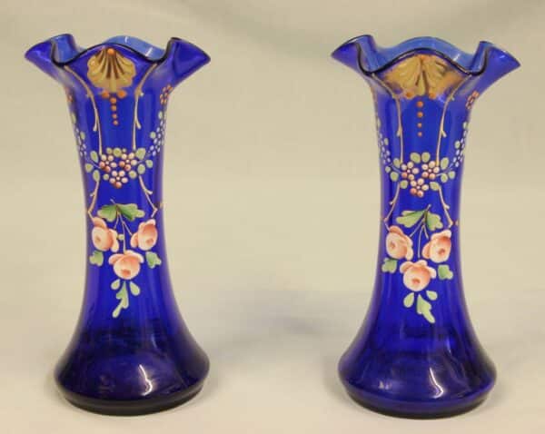 Antique Pair of Bristol Blue Glass Decorated Vases - Image 2