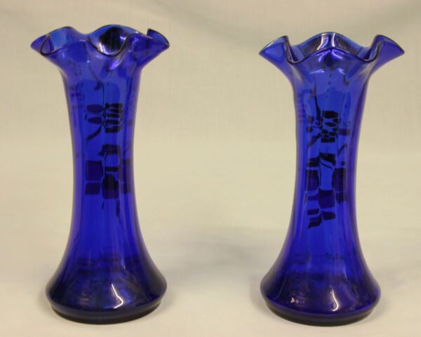 Antique Pair of Bristol Blue Glass Decorated Vases - Image 4