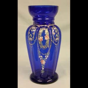 Antique Bristol Blue Glass Decorated Vase