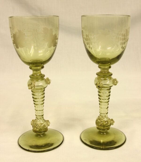 Pair Antique Hock / Wine Glasses green glass Antique Glassware 4