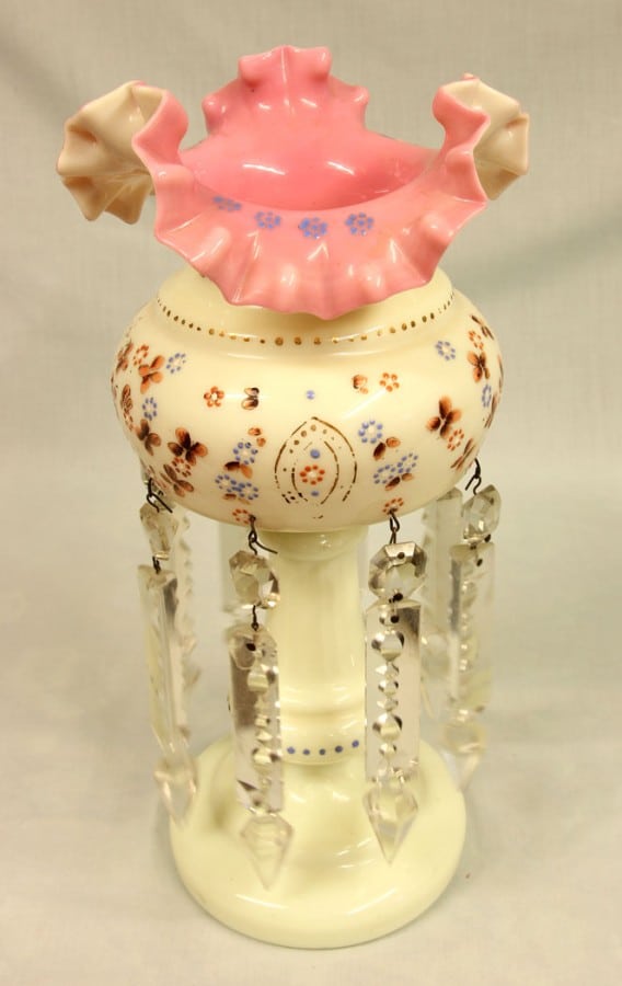 Antique Victorian Single Pink & Cream Glass Mantle Lustre cream Antique Glassware 4