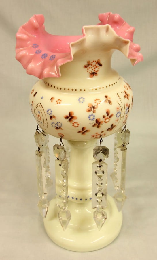 Antique Victorian Single Pink & Cream Glass Mantle Lustre cream Antique Glassware 5