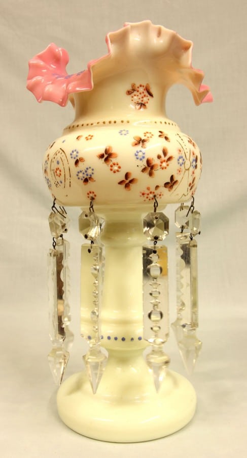 Antique Victorian Single Pink & Cream Glass Mantle Lustre cream Antique Glassware 6