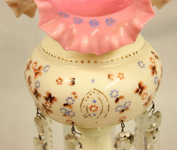 Antique Victorian Single Pink & Cream Glass Mantle Lustre cream Antique Glassware 7