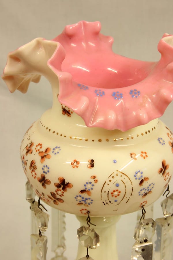 Antique Victorian Single Pink & Cream Glass Mantle Lustre cream Antique Glassware 9