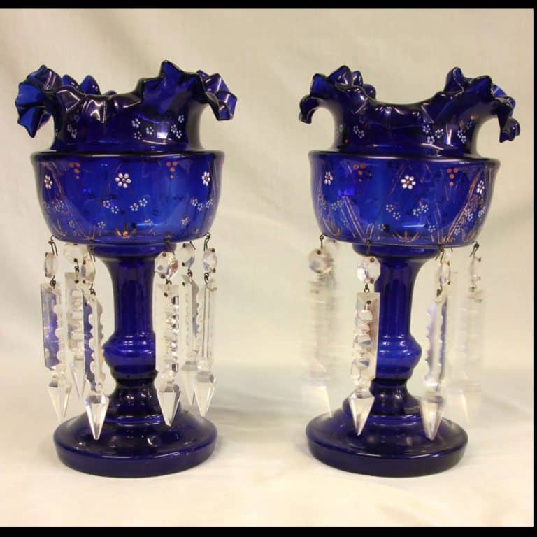Antique Victorian Pair of Bristol Blue Mantle Lustres bristol blue Antique Glassware Antique Victorian Pair of Bristol Blue Mantle Lustres