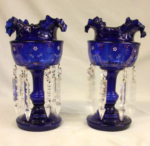 Antique Victorian Pair of Bristol Blue Mantle Lustres bristol blue Antique Glassware 4