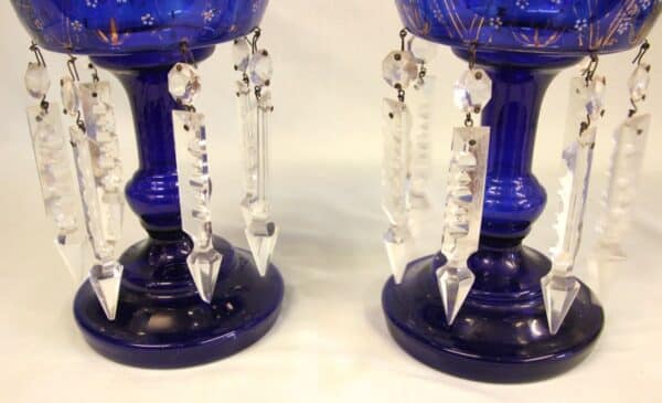 Antique Victorian Pair of Bristol Blue Mantle Lustres - Image 4