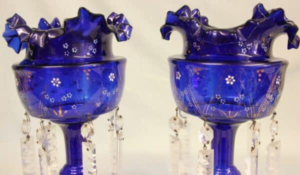 Antique Victorian Pair of Bristol Blue Mantle Lustres bristol blue Antique Glassware 10