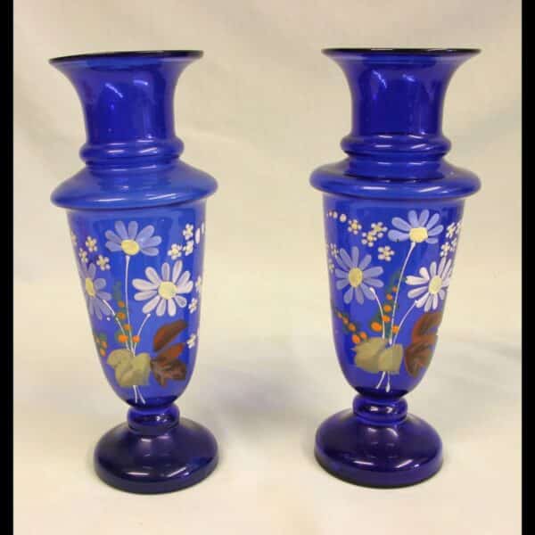 Antique Pair Bristol Blue Glass Shaped Decorated Vases