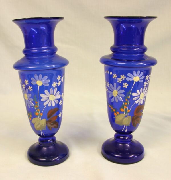 Antique Pair Bristol Blue Glass Shaped Decorated Vases Antique Antique Vases 4