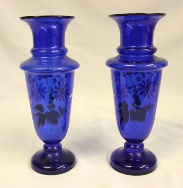 Antique Pair Bristol Blue Glass Shaped Decorated Vases - Image 3
