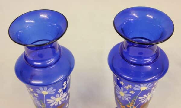Antique Pair Bristol Blue Glass Shaped Decorated Vases - Image 6