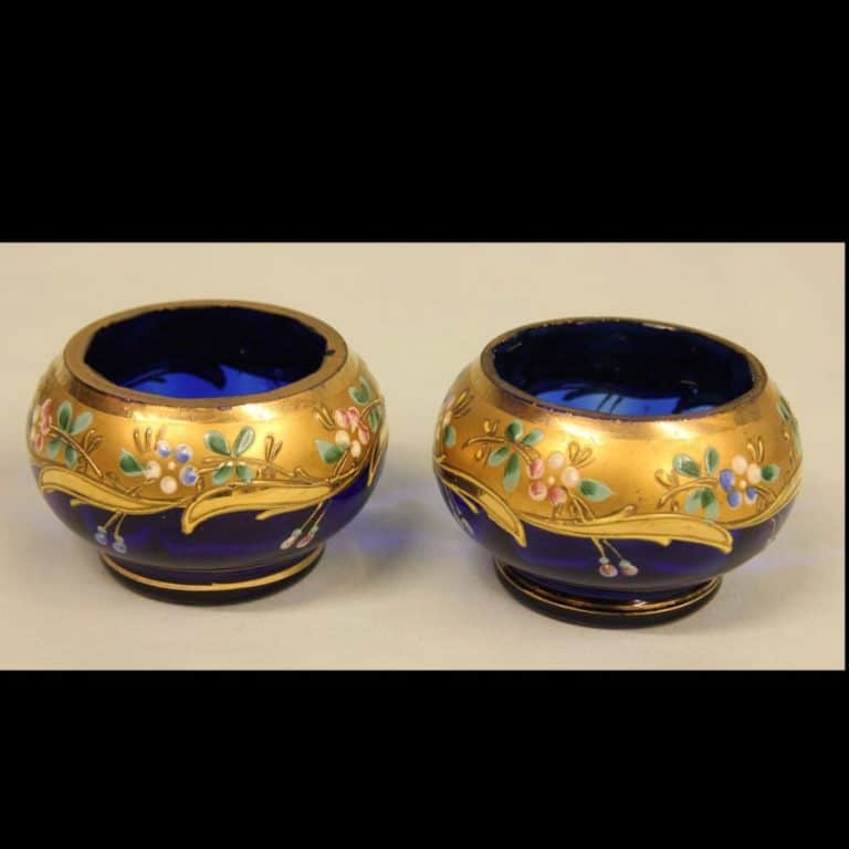 Antique Pair of Bristol Blue Decorated Salts Antique Antique Glassware Antique Pair of Bristol Blue Decorated Salts