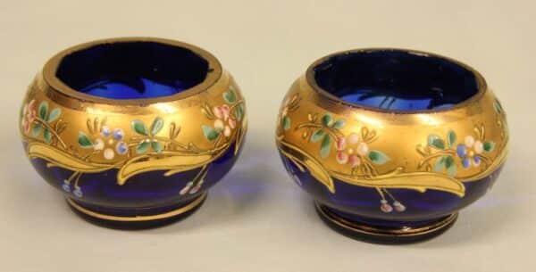 Antique Pair of Bristol Blue Decorated Salts - Image 2