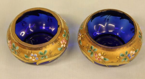 Antique Pair of Bristol Blue Decorated Salts - Image 3