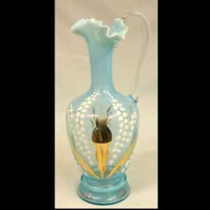 Antique Pale Blue Vaseline Glass Decorated Jug