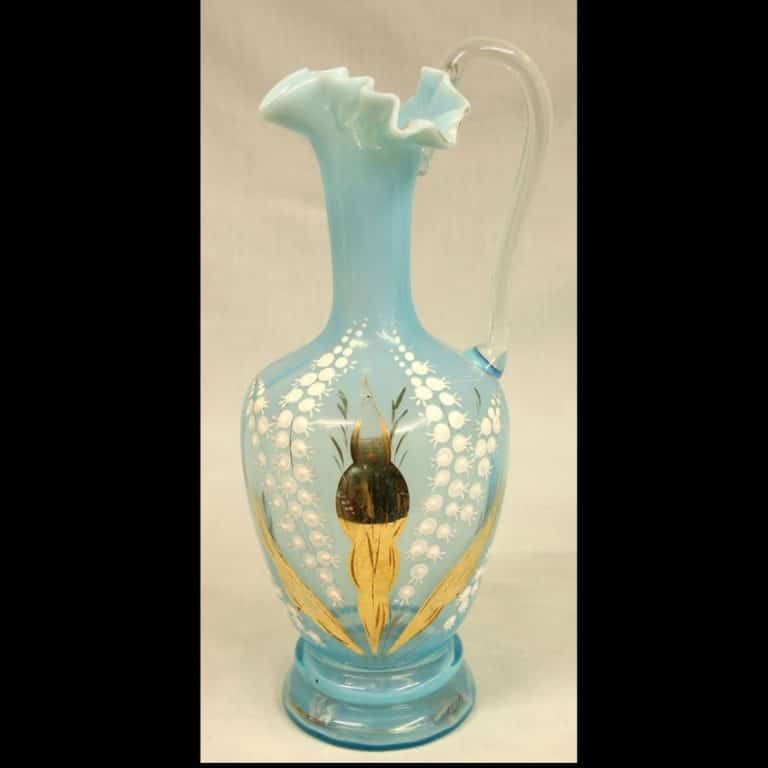 Antique Pale Blue Vaseline Glass Decorated Jug Antique Antique Glassware Antique Pale Blue Vaseline Glass Decorated Jug