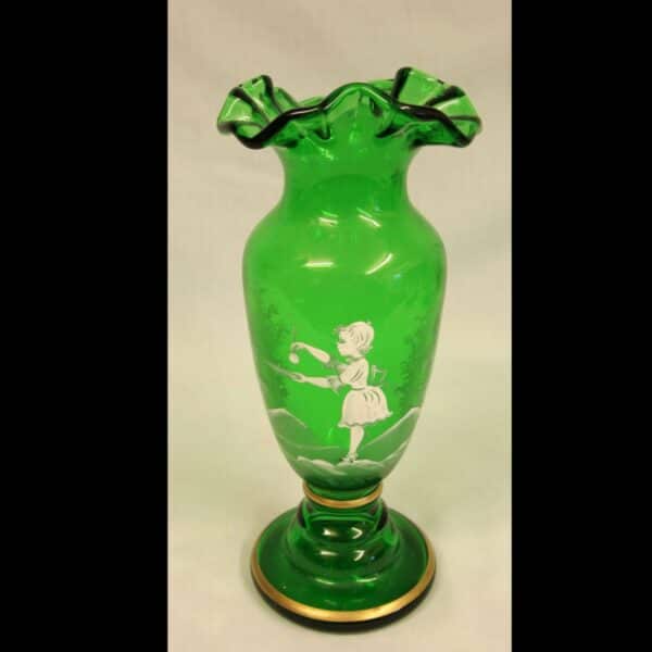 Mary Gregory Painted Green Glass Shaped Vase