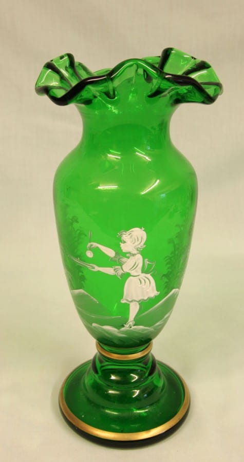 Mary Gregory Painted Green Glass Shaped Vase Antique Antique Vases 4