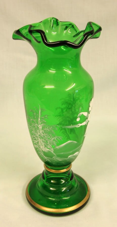Mary Gregory Painted Green Glass Shaped Vase Antique Antique Vases 5