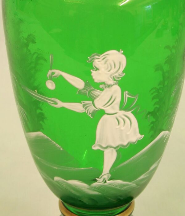 Mary Gregory Painted Green Glass Shaped Vase Antique Antique Vases 7