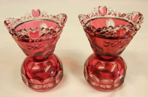 A Pretty Pair of Heavy Cut Glass Ruby Vases cut glass Antique Vases 4