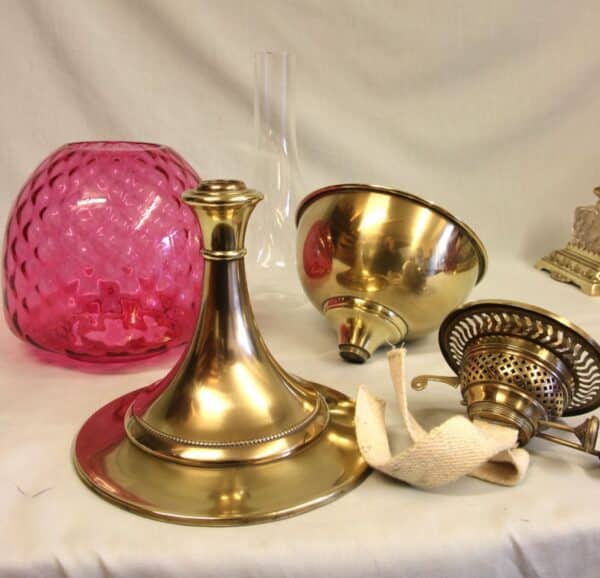 Antique Brass Oil Lamp with Cranberry Shade - Image 8