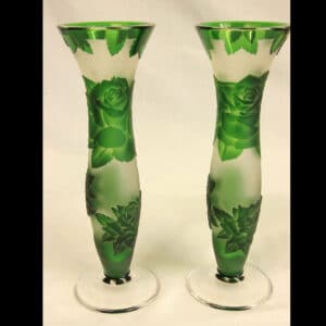 Pair Green Cameo Glass Vases