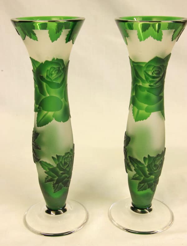 Pair Green Cameo Glass Vases - Image 2