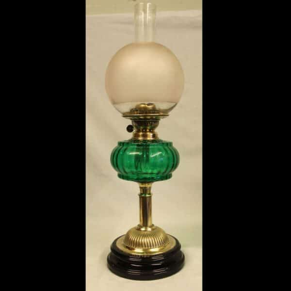 Antique Victorian Green Glass Oil Lamp & Shade
