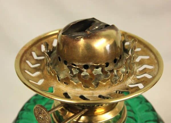 Antique Victorian Green Glass Oil Lamp & Shade - Image 6