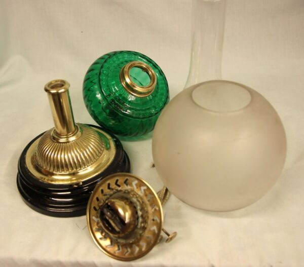 Antique Victorian Green Glass Oil Lamp & Shade - Image 7