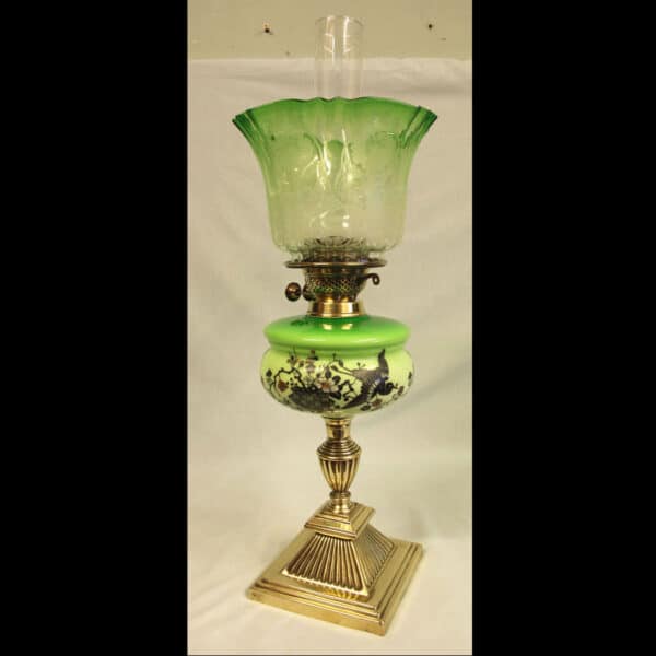 Antique Victorian Green Glass Oil Lamp & Original Frilled Green Shade