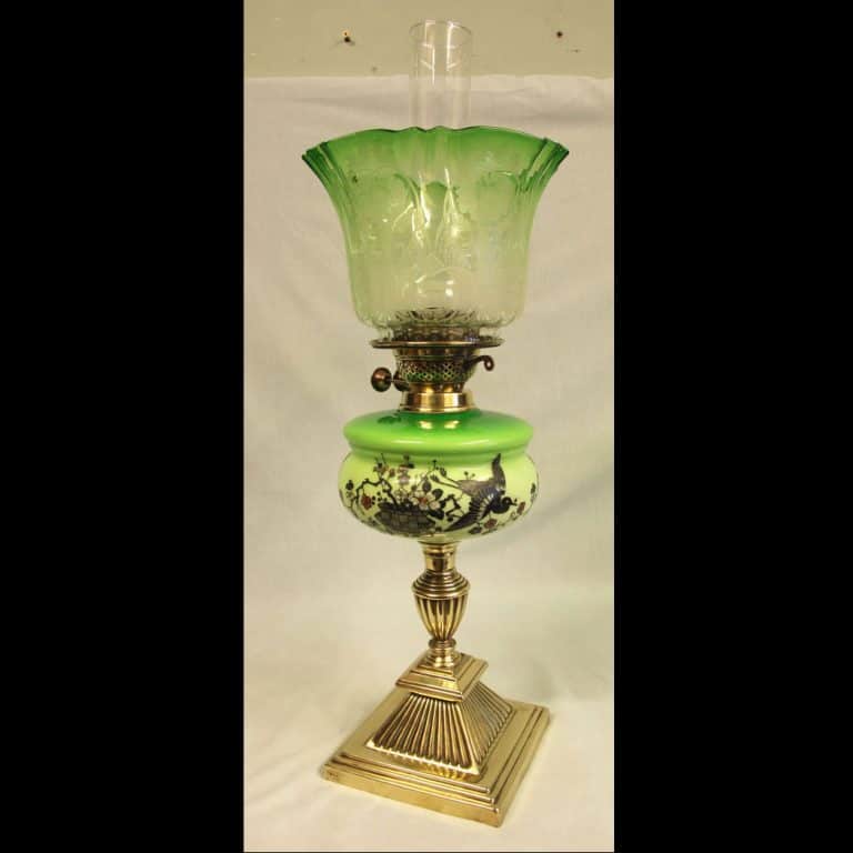 Antique Victorian Green Glass Oil Lamp & Original Frilled Green Shade Antique Antique Lighting Antique Victorian Green Glass Oil Lamp & Original Frilled Green Shade