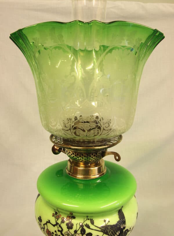 Antique Victorian Green Glass Oil Lamp & Original Frilled Green Shade - Image 13