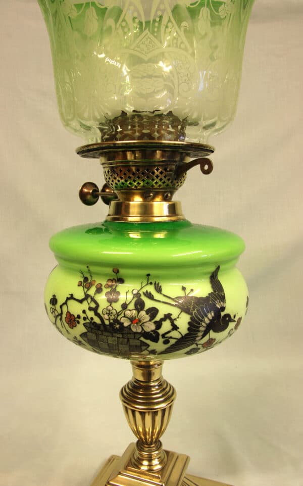Antique Victorian Green Glass Oil Lamp & Original Frilled Green Shade Antique Antique Lighting 4