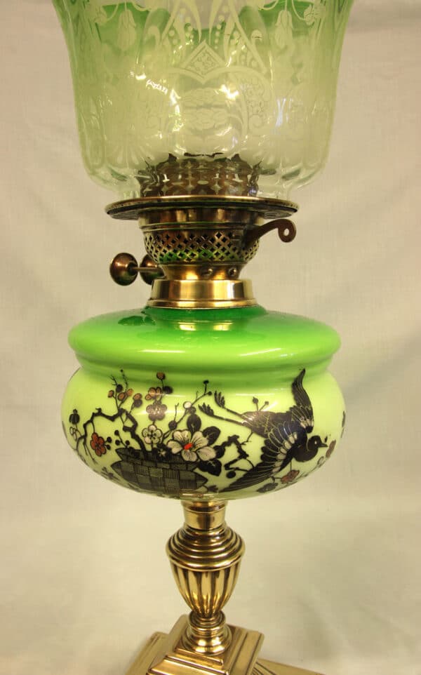 Antique Victorian Green Glass Oil Lamp & Original Frilled Green Shade - Image 2