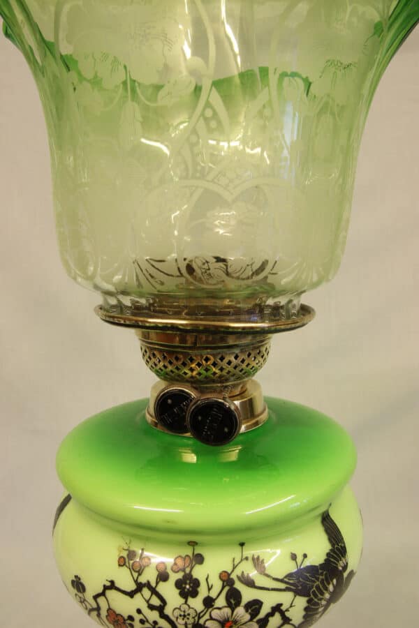 Antique Victorian Green Glass Oil Lamp & Original Frilled Green Shade Antique Antique Lighting 5