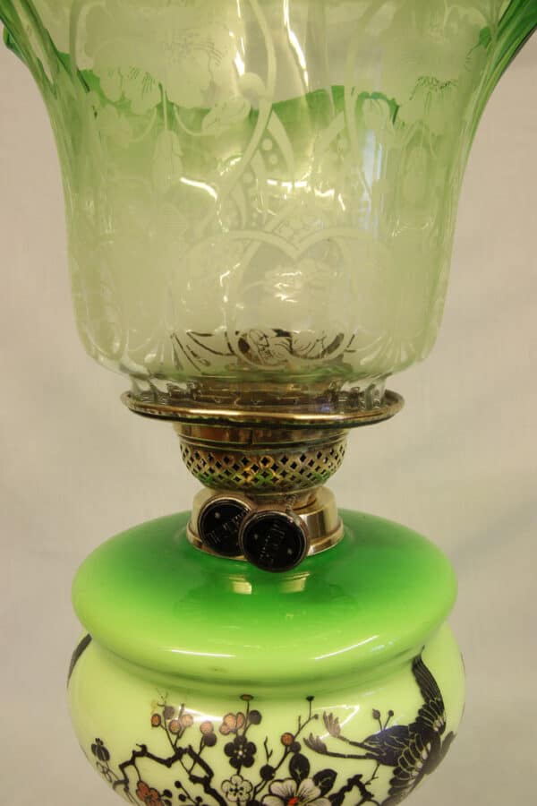 Antique Victorian Green Glass Oil Lamp & Original Frilled Green Shade - Image 3