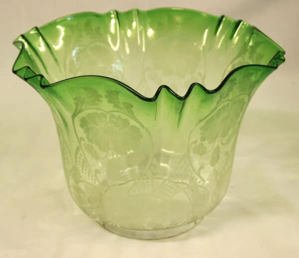 Antique Victorian Green Glass Oil Lamp & Original Frilled Green Shade Antique Antique Lighting 6
