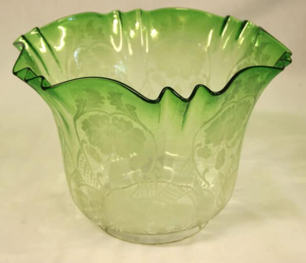 Antique Victorian Green Glass Oil Lamp & Original Frilled Green Shade - Image 4