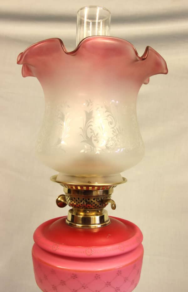 Antique Victorian Satin Pink Oil Lamp - Image 2