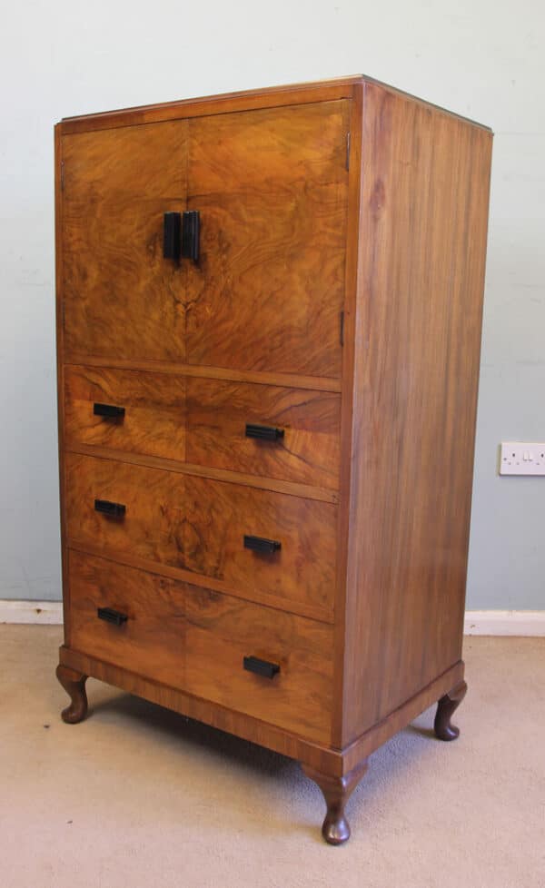 Antique Art Deco Style Figured Walnut Tallboy - Image 2