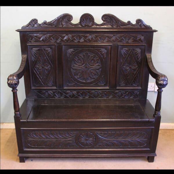 Antique Carved Oak Settle Bench Hall Seat