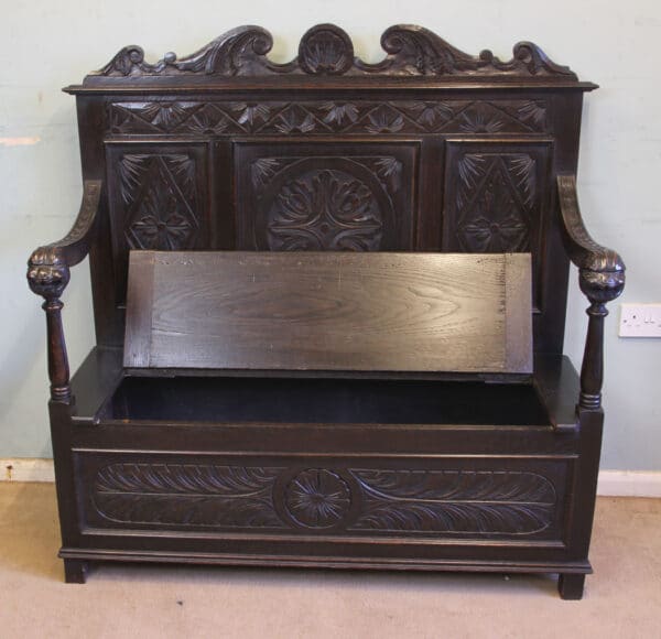 Antique Carved Oak Settle Bench Hall Seat Antique Antique Benches 11