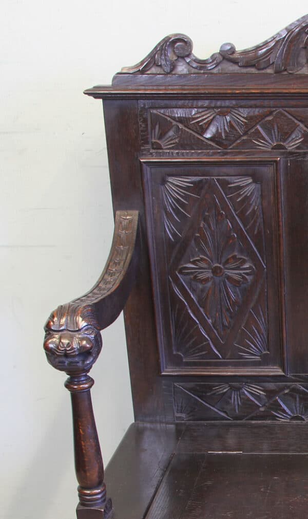 Antique Carved Oak Settle Bench Hall Seat - Image 10