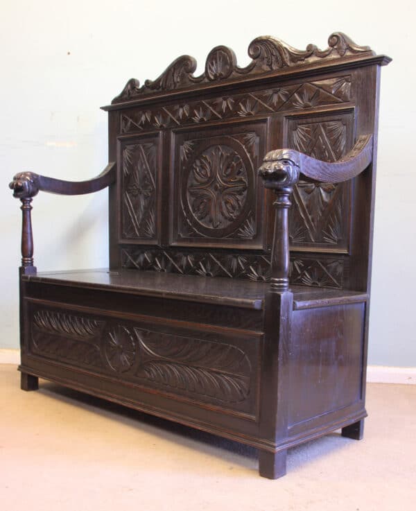 Antique Carved Oak Settle Bench Hall Seat - Image 2