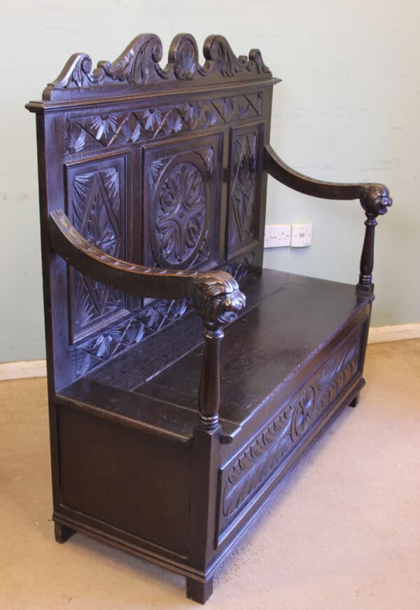Antique Carved Oak Settle Bench Hall Seat - Image 3