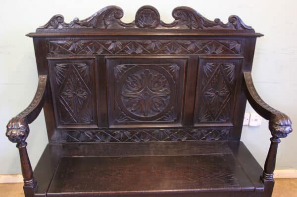 Antique Carved Oak Settle Bench Hall Seat Antique Antique Benches 6